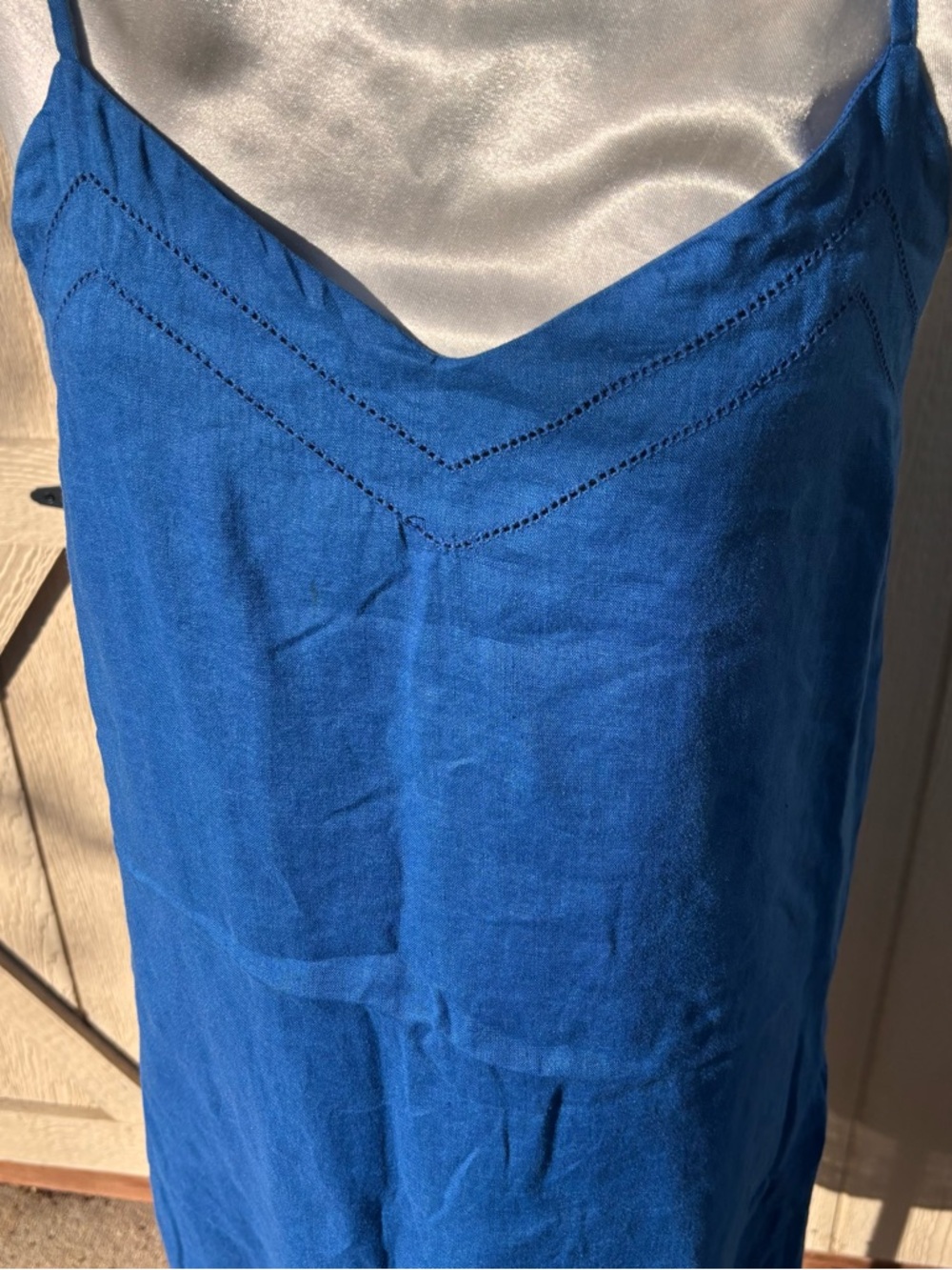 100% Linen Cami Aline Midi Dress Size 10Blue Vneck Racerback Pockets